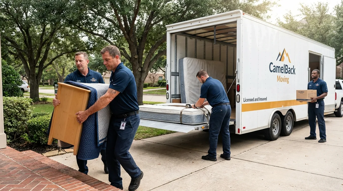 Crew loading residential truck for cross-state move from Harrisburg, AR