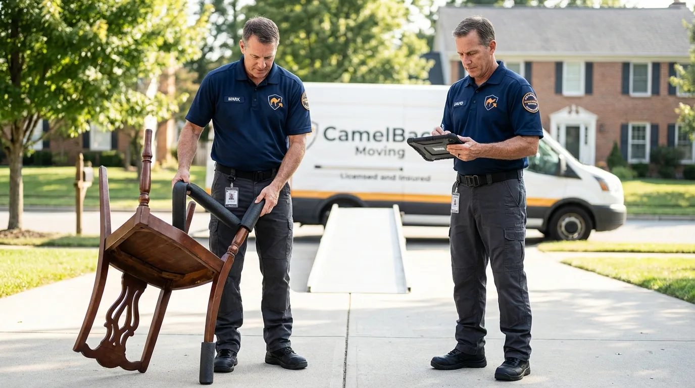 Movers inspecting furniture for damage prevention before loading in Harrisburg, AR