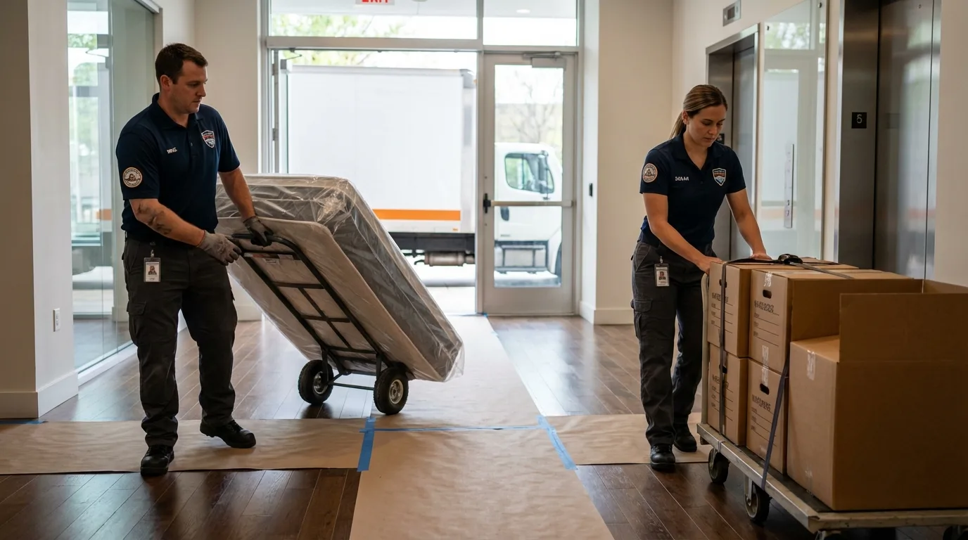 Professional apartment movers loading elevator in Harrisburg, AR